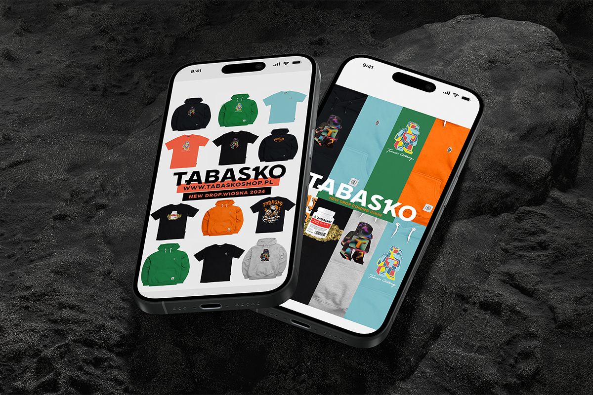 Dwa telefony z postami w social media dla firmy Tabasko