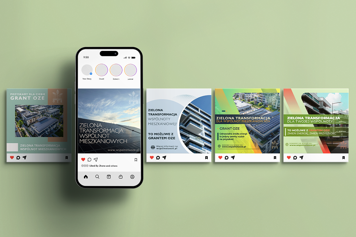 Wizualizacja 5 przykładowych postów na social media dla wspólnoty OZE